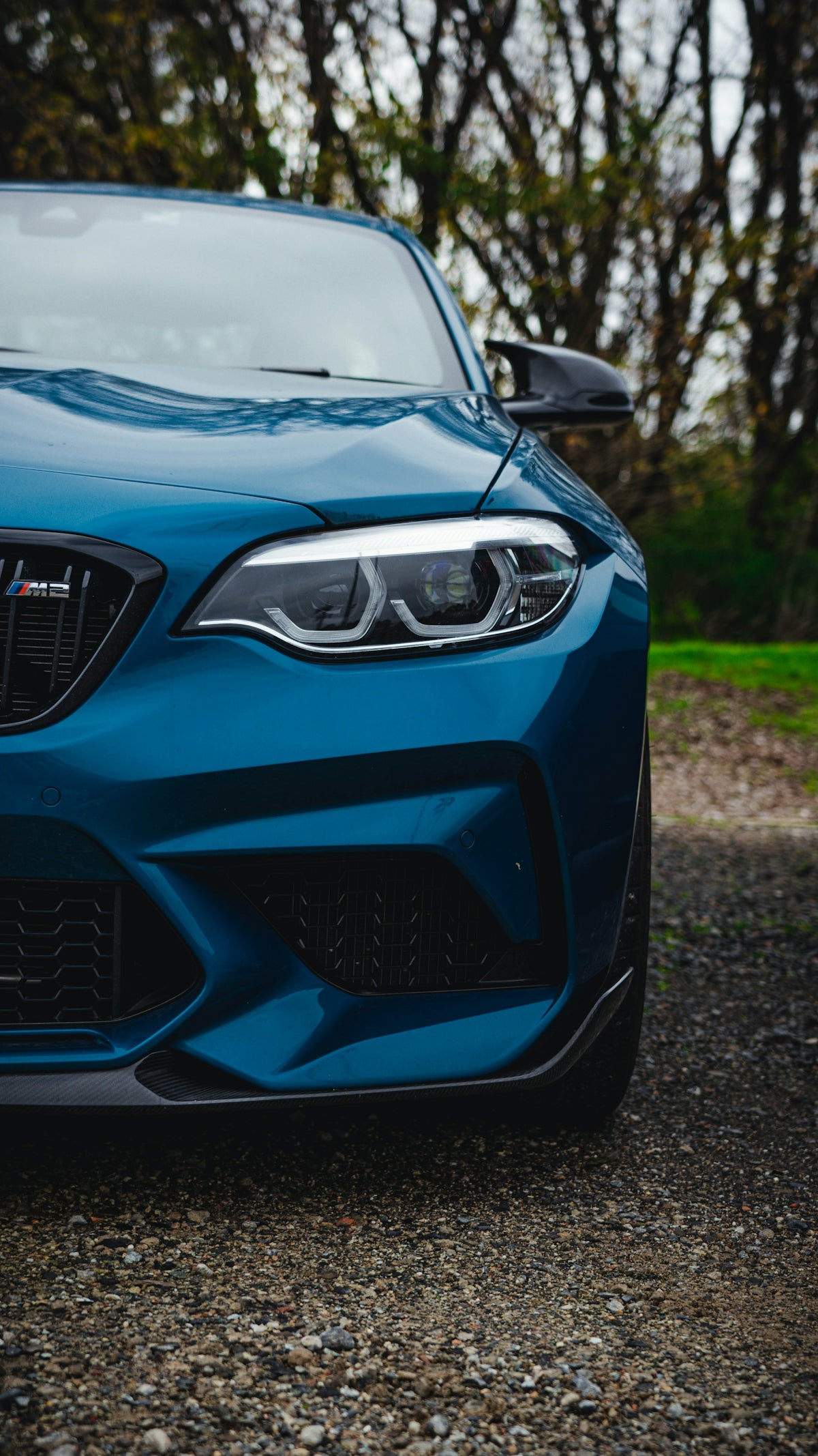 a blue car parked in a wooded area