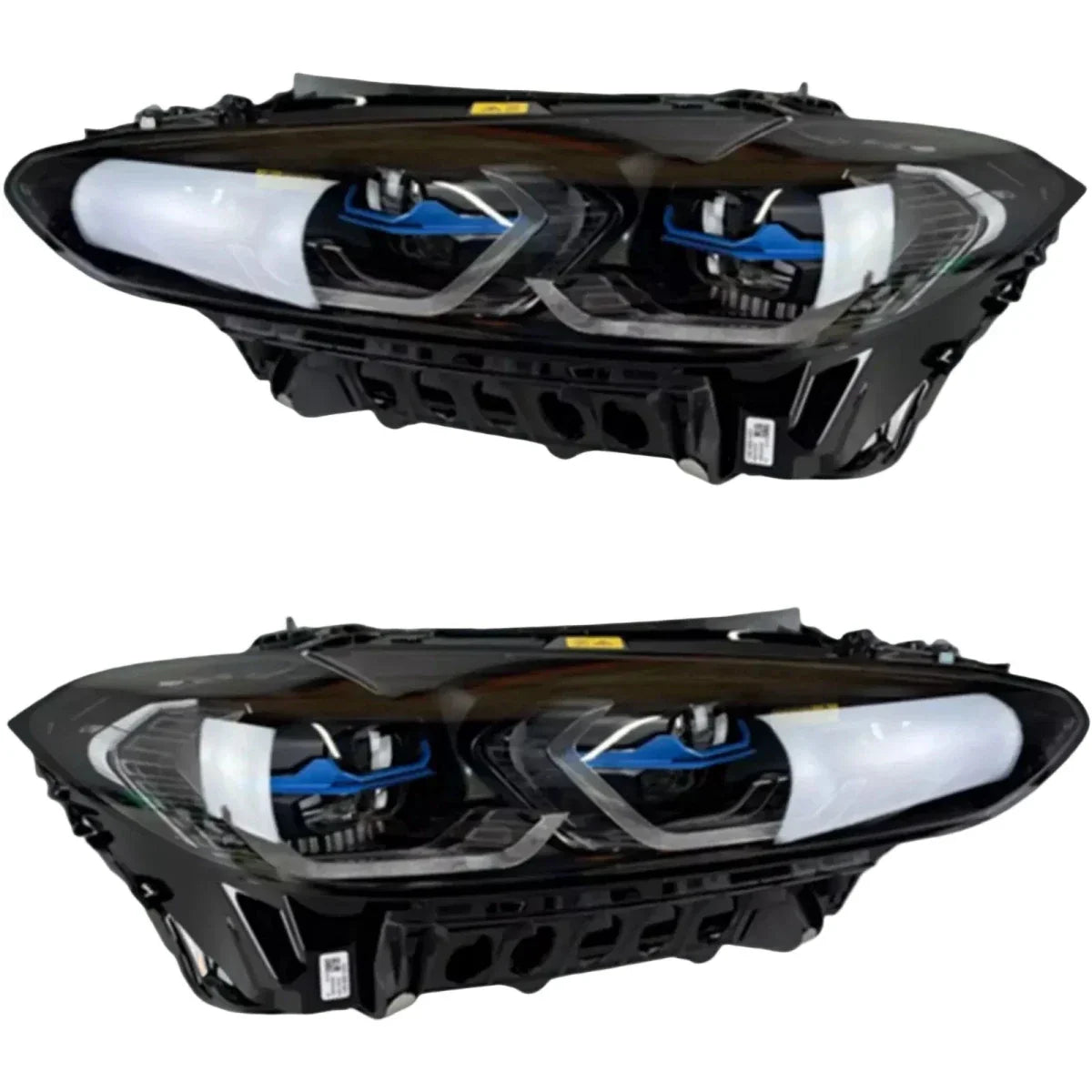 Pair of BMW G80 M3 M4 laser headlights with blue accents, front view, on white background.