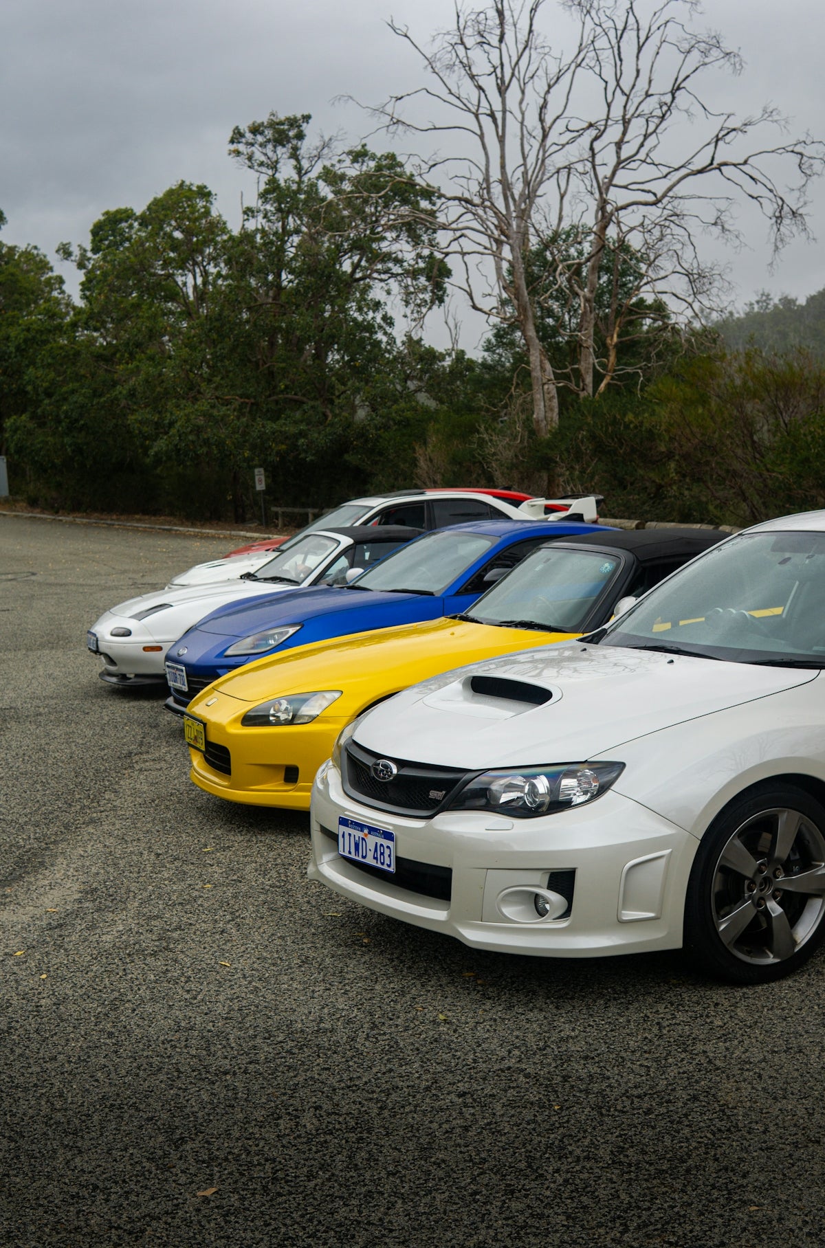 Several colorful sports cars parked in a row.