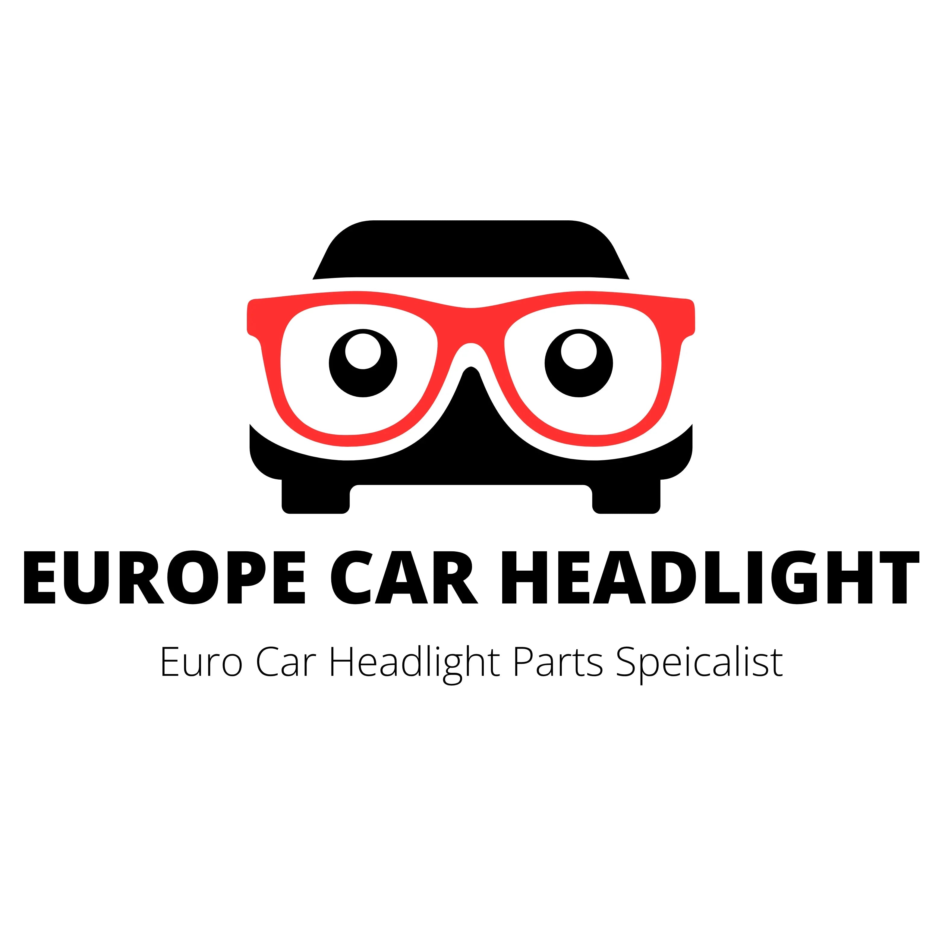Car headlight logo with red glasses illustration and text: EUROPE CAR HEADLIGHT, Euro Car Headlight Parts Specialist.