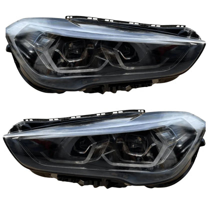 Pair of BMW X1 F48 LCI 2020-2023 reconditioned headlights, clear lens, LED housing.